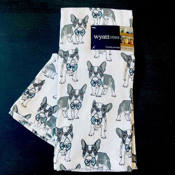 NWT Frenchie Dog Print Kitchen Dish Towels Set - Picture 1 of 2